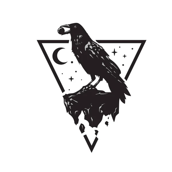 Black Raven Carries Cobblestone Its Beak Triangle Moon Star Ornament — Stock Vector