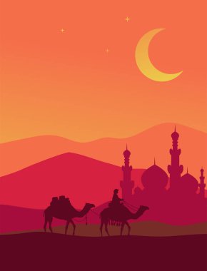 Çölde camii olan deveye binen adam, siluet vektör illüstrasyonu, İslam veya Ramazan 'da Serbest Vektör kavramı
