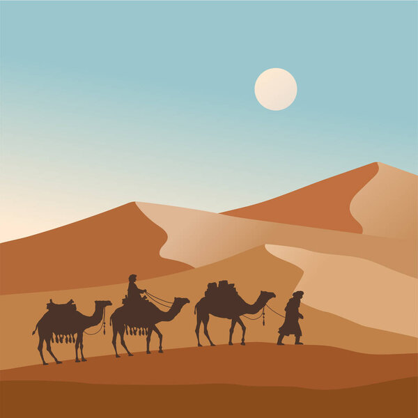 Караван верблюдов, проходящий через векторную иллюстрацию пустыни, может использоваться для исламского фона, баннеров, плакатов, веб-сайтов, социальных и печатных СМИ.