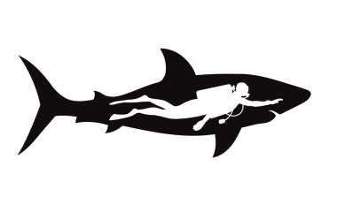 diver beside shark silhouette vector illustration clipart