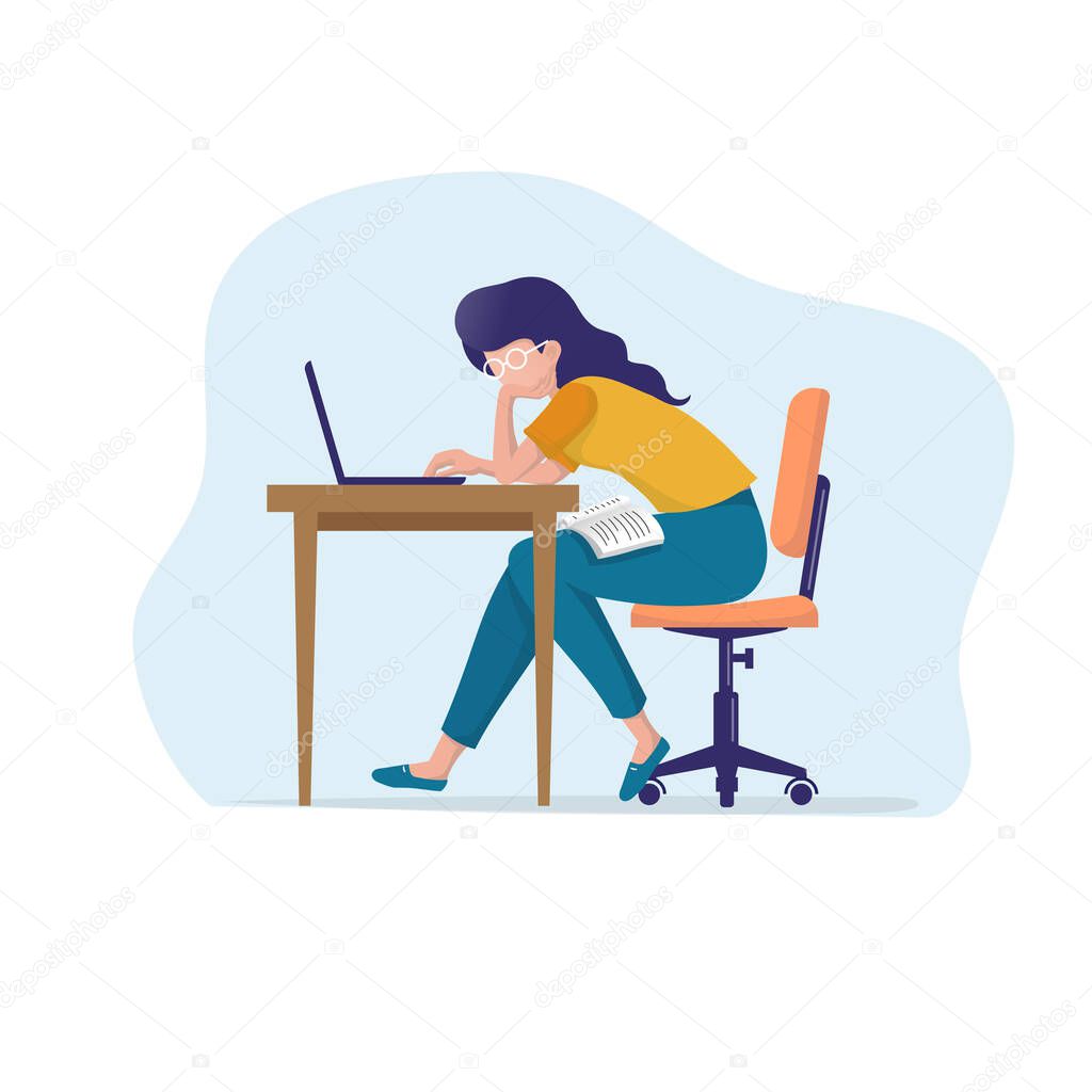 Teenager girl studying online at home looking at laptop at quarantine isolation period during pandemic. Home schooling. Social distancing. Online school test