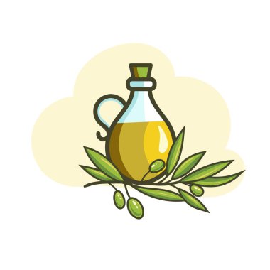 Bir şişe zeytinyağı ve yapraklı zeytin. Düz dizayn Raster sürümü ile illüstrasyon.