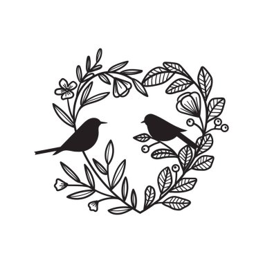 Kalp silueti ya da dallarda oturan kuşlu aşk çelengi, Vektör çiçek çizimi