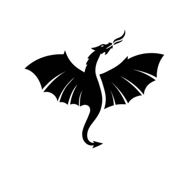 Uçan ejderha vektör çiziminin silueti, siyah beyaz ejderhaların stilize edilmiş görüntüsü..
