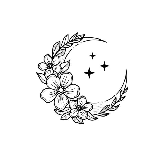 Outline Floral Crescents Moon Flower Leafy Branches Stars Isolated White — Stock Vector