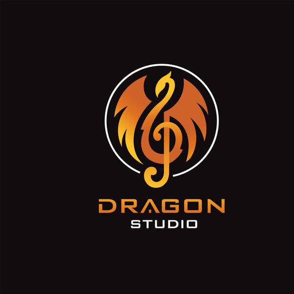 Комбинация музыкального логотипа и дизайна дракона, значок мелодии, логотип студии