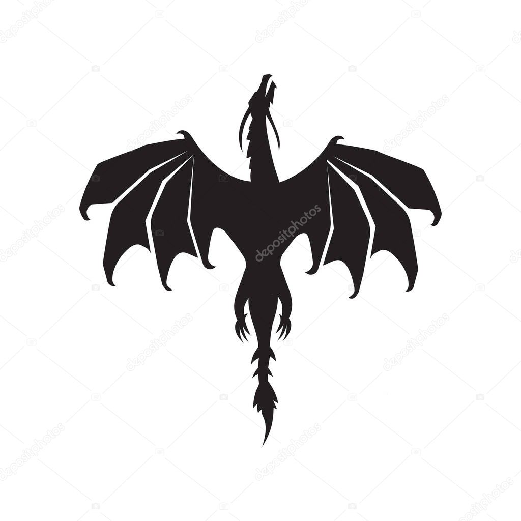 Silhouette of flying dragon vector illustration, Stylized image of Dragons in black and white.