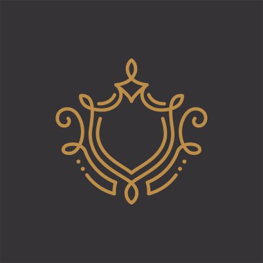 Premium doğrusal kalkan monogramı. Zarif ibikli yaprak damga ikonu vektör logosu. Lüks alfabe çerçeve sembolü.