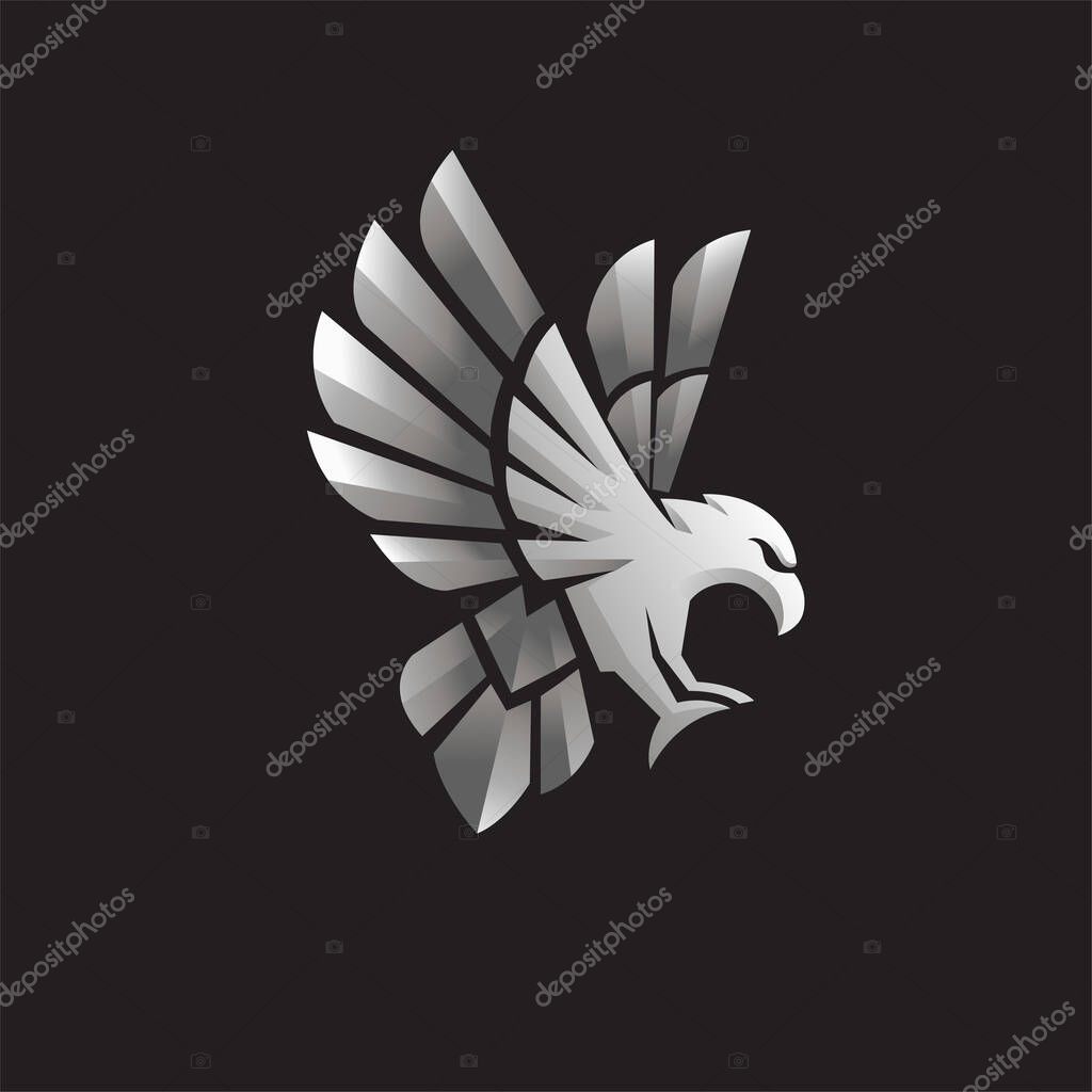 Bird symbol design with metal style . silver hawk design template . fly silver eagle bird design template