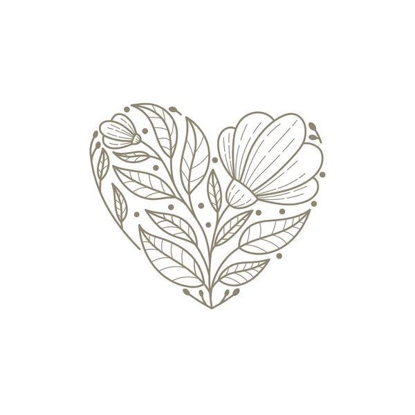 Beautiful Linear Flowers Heart Hand Drawn Vector Illustration — Vettoriale Stock