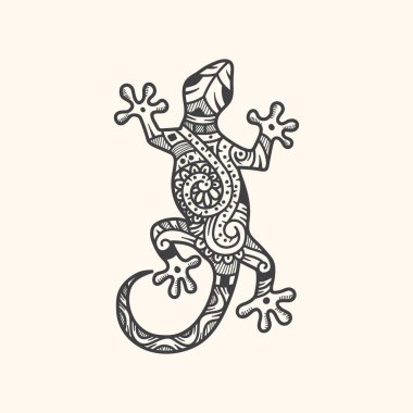 hand drawn Zentangle stylized drawing of a lizard. gecko silhouette covered various simple patterns. Black and white hand drawn doodle vector illustration