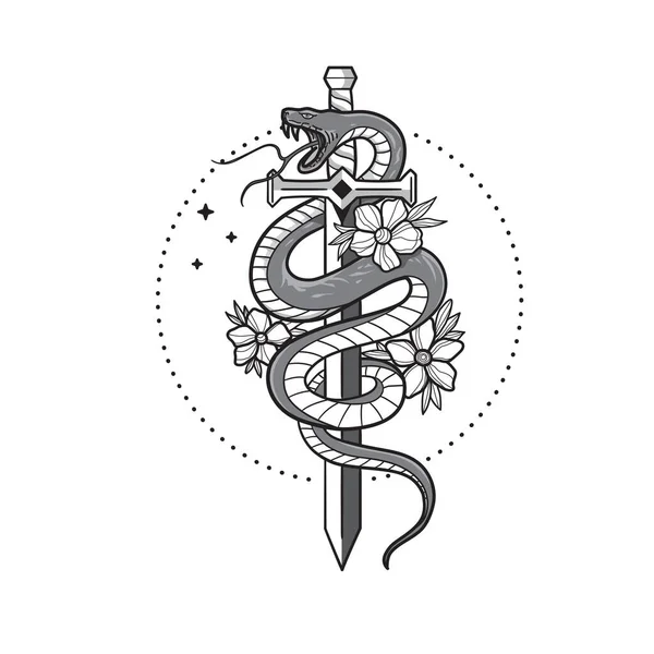Ζωγραφισμένο Στο Χέρι Φίδι Σπαθί Και Λουλούδι Διάνυσμα Εικονογράφηση Σχεδιασμό — Διανυσματικό Αρχείο