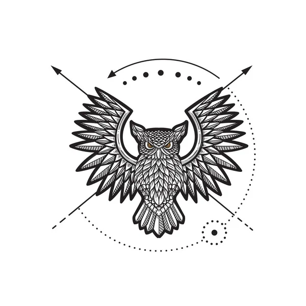 Hand Getrokken Van Vliegende Uil Etnische Vector Illustratie — Stockvector