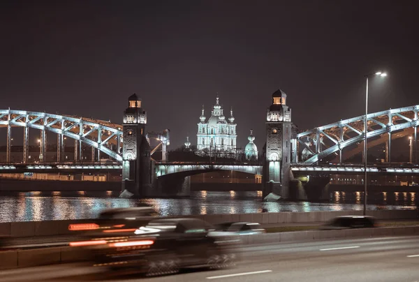 Історичний Міст Вночі Через Річку Міст Петра Великого Місто Санкт — стокове фото