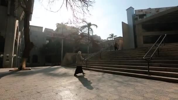 一个穿着头巾的年轻姑娘沿着开罗大街走上楼梯 一个有目的的埃及妇女去了一个教育机构 与行走的阿拉伯妇女的运动视频 — 图库视频影像