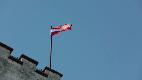 Австрійський Прапор Розмахує Вітром Синім Небом Фоні Фортеці Стоковий Відеоролик