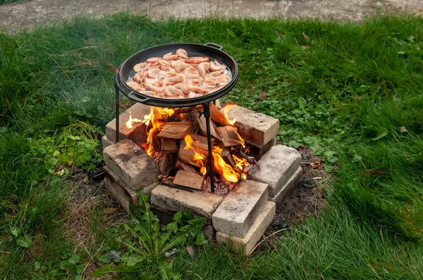 Utomhus Lägereld Järn Platta Med Räkor — Stockfoto