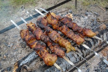 Izgara etle açık hava barbeküsü yakın plan.