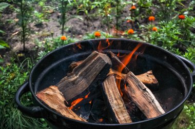 Açık havada kamp ateşi yaklaştı.