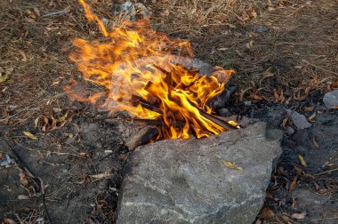 Açık hava kampında gerçek yangın, yakın plan.