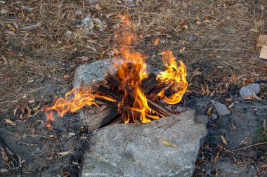 Açık hava kampında gerçek yangın, yakın plan.
