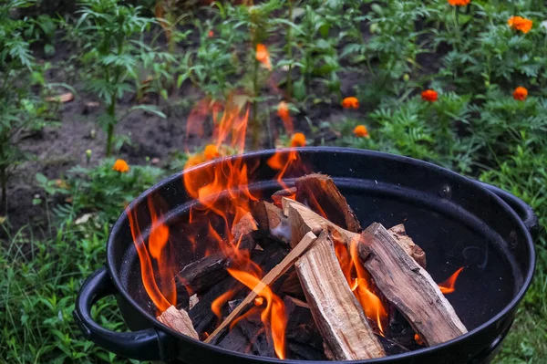 Açık havada kamp ateşi yaklaştı.
