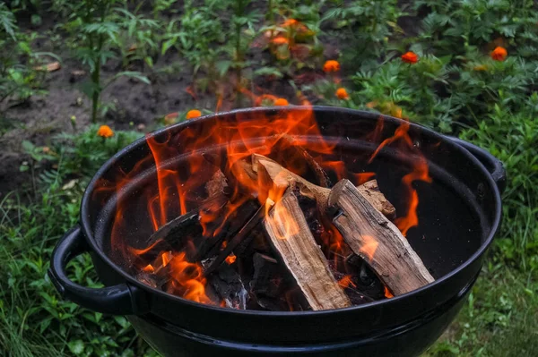 Açık havada kamp ateşi yaklaştı.