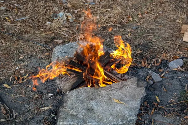 Açık hava kampında gerçek yangın, yakın plan.