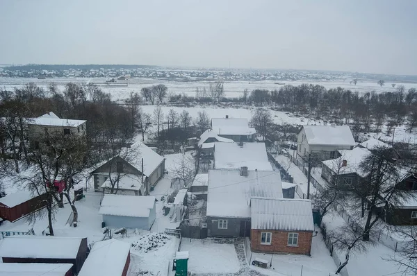 Winter Ijzig Dorp Panorama Uitzicht Samenstelling — Stockfoto