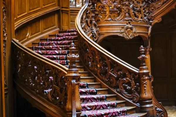 Escalera Madera Con Una Alfombra Roja —  Fotos de Stock