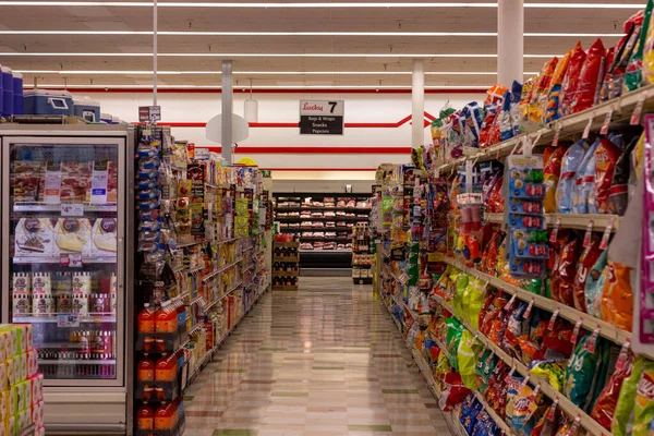 Supermarket aisles of food and drinks