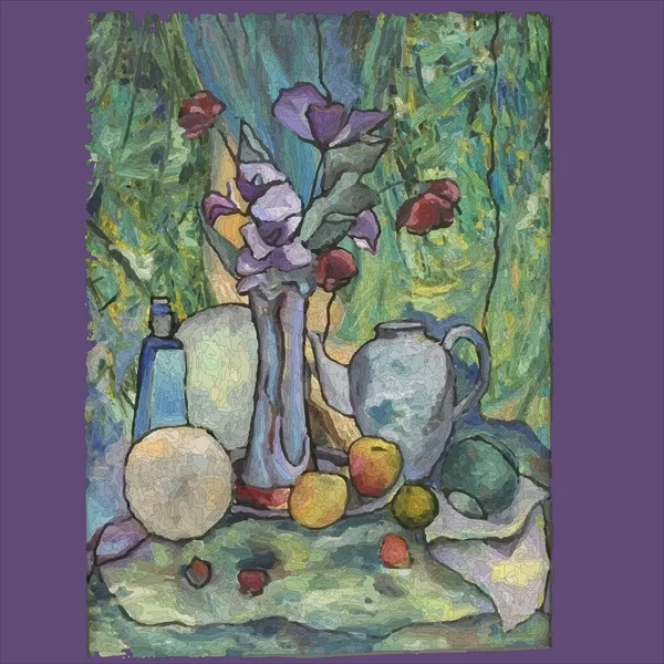 Stillleben Blumen Vase Obst Hintergrund — Stockvektor