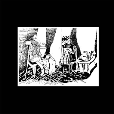 İki emekli yaşlı kadın, natürmortların ve çizimlerin arasında bir sanat stüdyosunda oturuyor. 