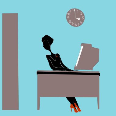 The girl at the table in the office in red shoes peeps in interest, peeps, the clock is on the wall, the computer, the door vector The girl at the table in the office in red shoes peeps in interest, peeps, the clock is on the wall, the computer, the door vector