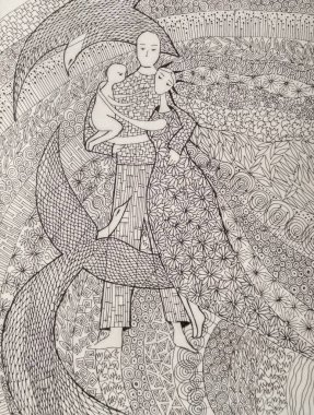 Drawing with a gel pen on paper. Family mom dad child. Birds and Animals. Deadling, zentangle, patterns 