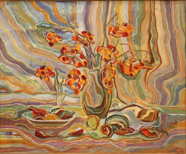 油絵はまだ生きている秋のカボチャのリンゴ唐辛子赤 — ストック写真