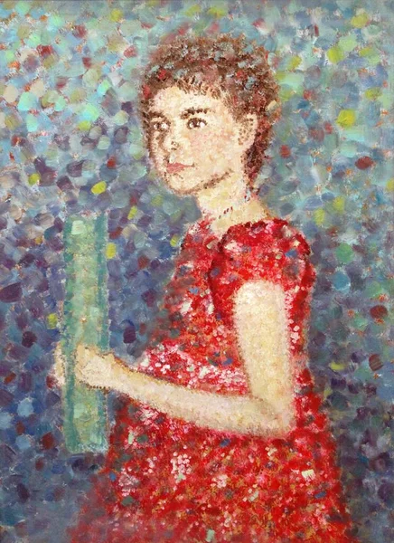 Ölgemälde Porträt Eines Mädchens Einem Roten Kleid — Stockfoto