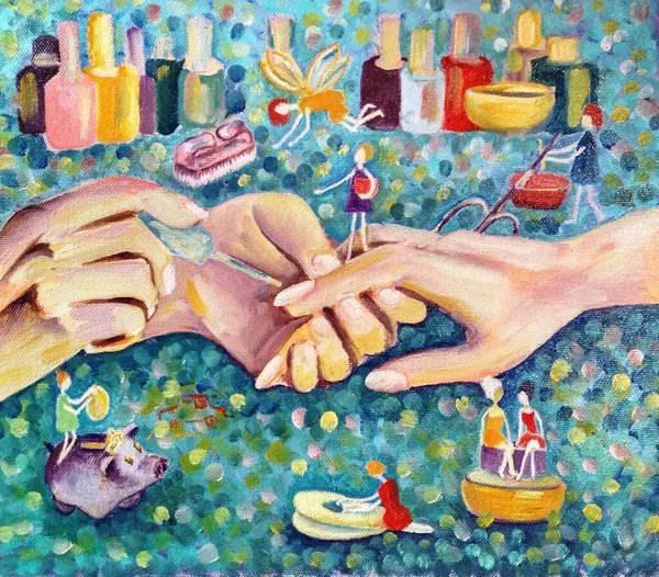 Obraz Olejny Płótnie Ręce Mistrza Manicure Przedmioty Pracy Ręce Klienta — Zdjęcie stockowe