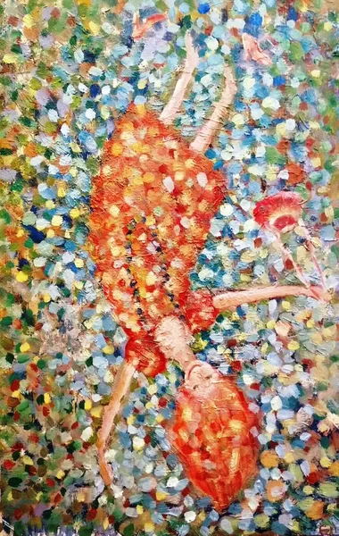肯定的な画像 赤い髪の少女は逆さまに飛ぶ 陽気で陽気な彼女は腕を広げた キャンバス上の油彩画 — ストック写真