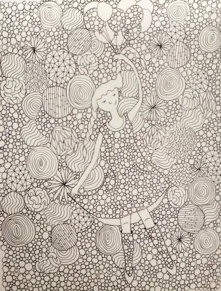 Pen Drawing Girl Pulls Herself Pigtail Feminine Mood Nice Girl — Foto Stock