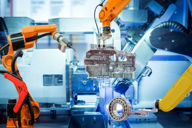 Endüstriyel kaynak robotu ve metal parçalarıyla çalışan sürükleyici robot akıllı fabrika, makine mavisi renk arkaplanı, endüstri 4.0 ve yapay zeka, insan konsepti yerine otomasyon robotu