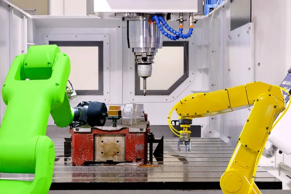 stock image Industrial robotic working with metalwork on CNC Machine, smart manufacturing, robot work instead of human, industry 4.0 and AI concept