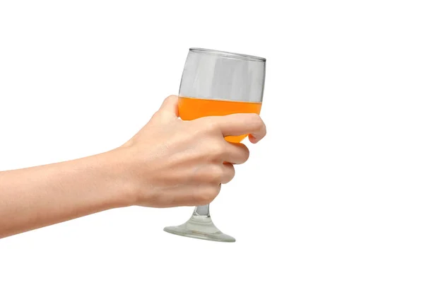 Close Hand Young Woman Who Holding Glass Orange Juice Clink — Foto de Stock