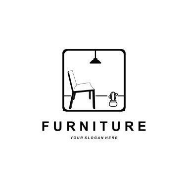 Mobilya logosu, ev mobilyası tasarımı, oda ikonu illüstrasyonu, masa, sandalye, lamba, çerçeve, saat, saksı