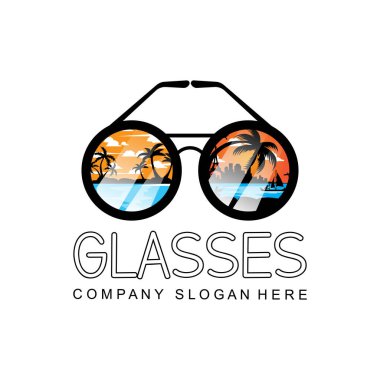 Gözlük logosu tasarımı, göz sağlığı için optik araçların vektör illüstrasyonu