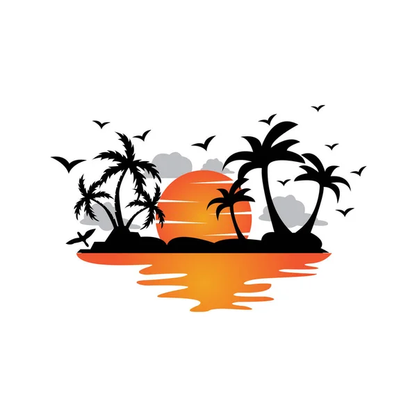 Vector Playa Logotipo Plantilla Con Puesta Sol Cocoteros Barcos Pesca — Vector de stock