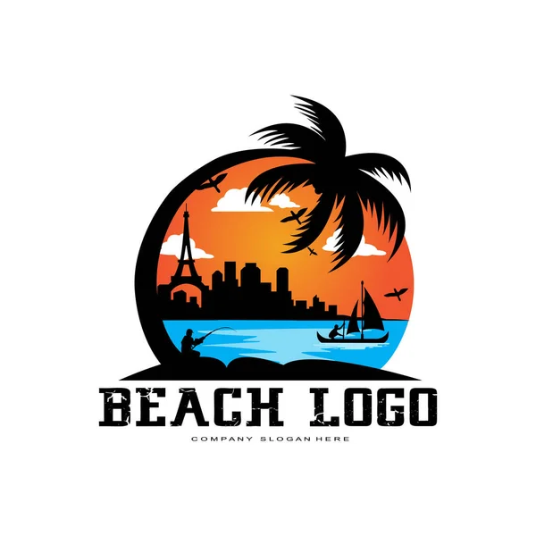 Vector Beach Logo Template Sunset Coconut Trees Fishing Boats Sailboats — Stock Vector