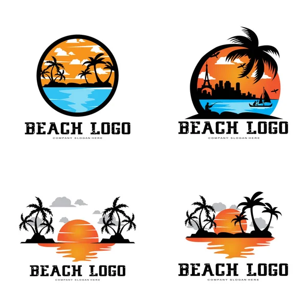 Vector Playa Logotipo Plantilla Con Puesta Sol Cocoteros Barcos Pesca — Archivo Imágenes Vectoriales
