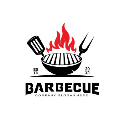 Klasik Retro Rustic barbekü logosu. Yiyecek ya da ızgara tasarımı, ikon vektör illüstrasyonu