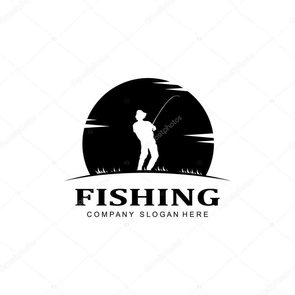 Fishing logo icon vector, catch fish on the boat, outdoor sunset silhouette design